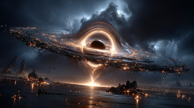 Black Hole event horizon, black hole in space attracting galaxies and asteroids surrounded by gas nebulas 3d rendering