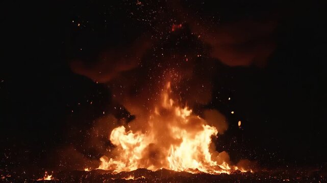 Massive explosion with fire and debris in the dark.