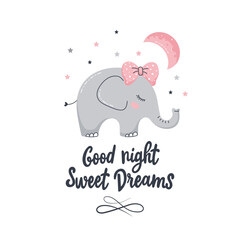 Cute Baby Elephant with Bow under Moon and Stars. Good Night Sweet Dreams Nursery Art, Soft Pink and Gray Color Palette. Poster or card template with hand drawn lettering. Vector illustration.