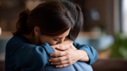 Faceless woman consoling man defocused emotional support background comforting gesture mental health support empathy demonstration psychological care compassionate connection