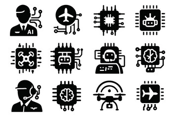 Monitoring guidance pilot ai icon processor aircraft smart autonomous navigation module vector