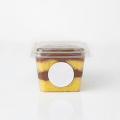 Cake in a jar with white round sticker on white background, front view