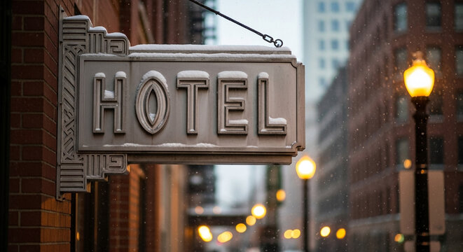 Hotel sign in snowfall during winter evening, urban hospitality and travel concept