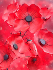 Papaveri rossi stilizzati con coccinella e sfondo astratto scintillante 948