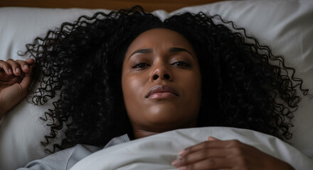 Woman lying awake after fight, upset female in bed at night, emotional stress and relationship tension