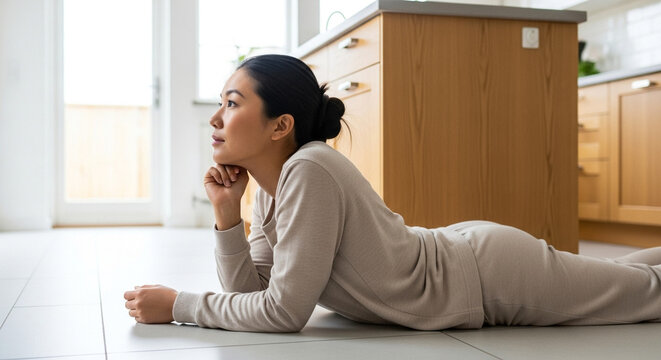 Woman lying on kitchen floor, thoughtful Asian woman in modern home, relaxation and introspection in domestic setting