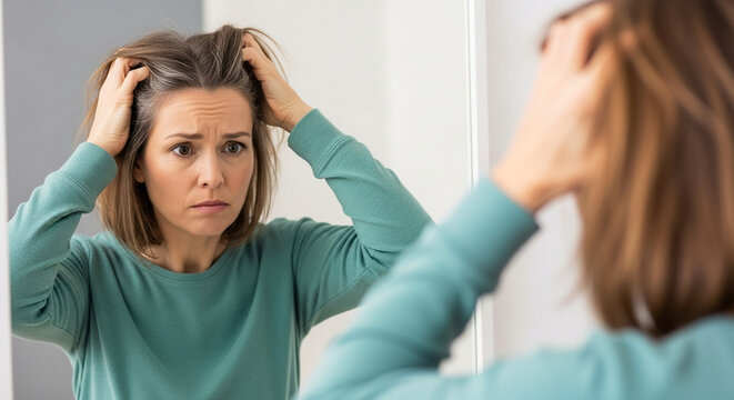 Woman running fingers through thinning hair, worried expression in bathroom mirror reflection, hair loss concern and self-esteem issues - Powered by Adobe
