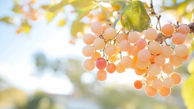 Golden Grapes in Sunlight: A close-up shot of a cluster of sun-kissed grapes hanging gracefully from a vine, epitomizing the harvest season's sweetness and the tranquility of a sunny day.