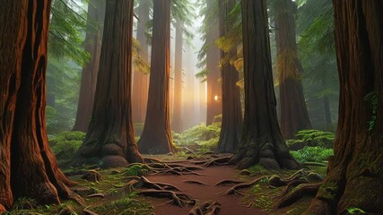 Magical Redwood Forest at Sunrise. Slow camera movement through giant ancient trees with mist and sun rays. - Powered by Adobe