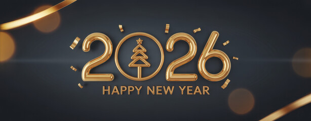 Elegant 2026 New Year design featuring a golden Christmas tree icon perfect for holiday greetings and festive promotions