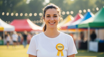 Winner badge on chest of Caucasian event volunteer smiling at outdoor festival, community engagement and celebration