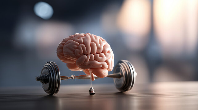 Three dimensional render of human brain lifting weights faceless cognitive fitness slightly defocused background mental exercise concept brain training psychological strength