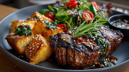 Top view of delicious grilled beef steak and rustic potatoes wedges with vegetable salad served on plate on white background