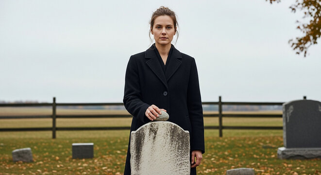Mourner placing stone on grave in rural cemetery, grief and remembrance in autumn landscape