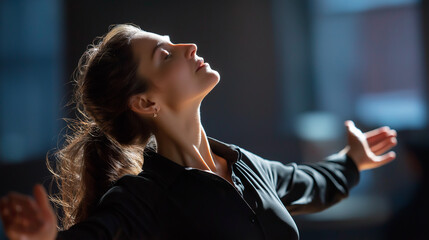 Faceless woman's dance with shadows defocused spirituality background mental states exploration emotional expression psychological movement inner world visualization with cop