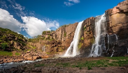 Obraz premium majestic waterfall cascading down rocky cliffs under blue sky