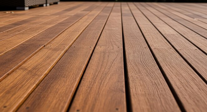 Close-up view of the smooth, stained timber planks forming a contemporary patio deck structure for relaxation and entertaining, housing, texture, outdoor