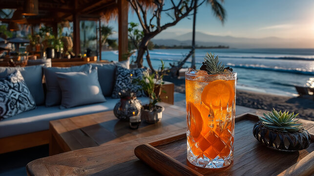 Colourful carambola and orange cocktail ina tall glass served on a wooden board on a golden beach at a tropical holiday resort during an enjoyable summer vacation
