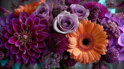 Festive vibrant floral background with a large arrangement of colorful summer flowers in rainbow colors including dahlias and gerbera daisies for celebrating a special occasion or holiday
