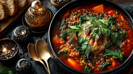 Delicious lentil and vegetable stew in a rustic kitchen in an open crock, high angle view