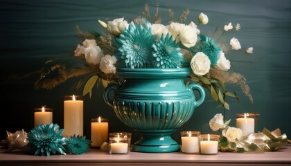 a teal urn with floral accents surrounded by flowers and lit candles creating a soft ambiance