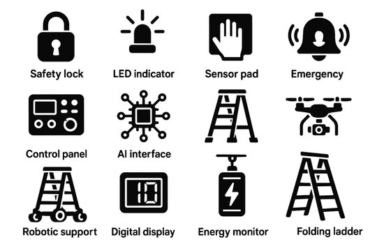 Icon ai safety led robotic alarm stabilizer monitor set support construction vector