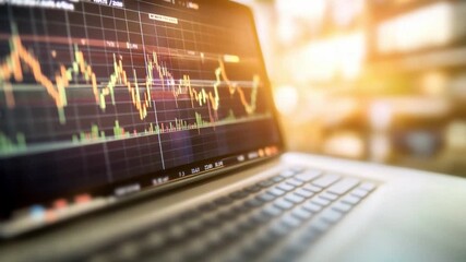 Market Analysis on Display: A laptop screen showcases a dynamic stock chart, symbolizing market trends and financial analysis, creating a sense of data visualization and economic activity. - Powered by Adobe