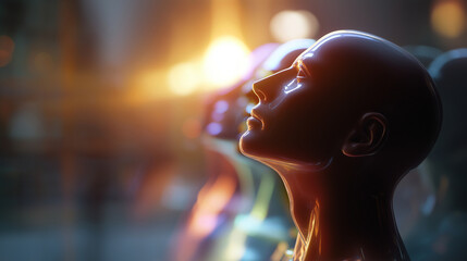 Prismatic images of mannequin head faceless multiple exposure defocused colorful background mental health visualization psychological perspectives emotional facets cognitive