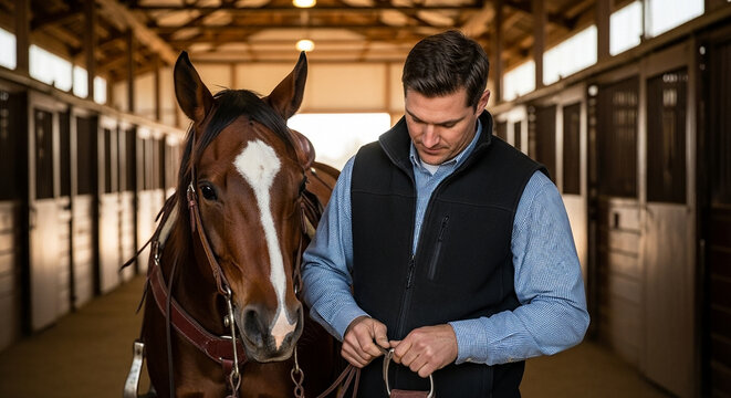 Cowboy adjusting stirrups on saddle beside horse in stable, equestrian care and preparation for riding - Powered by Adobe