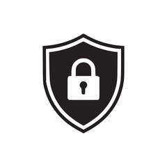 A black and white graphic of a shield containing a padlock representing security and protection icon