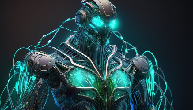 premium 3d robotic limb armor turquoise neon nerve networks
