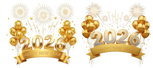 Golden 2026 new year celebration, featuring balloons, fireworks, and ribbons, creating a festive and joyful atmosphere generative ai illustration