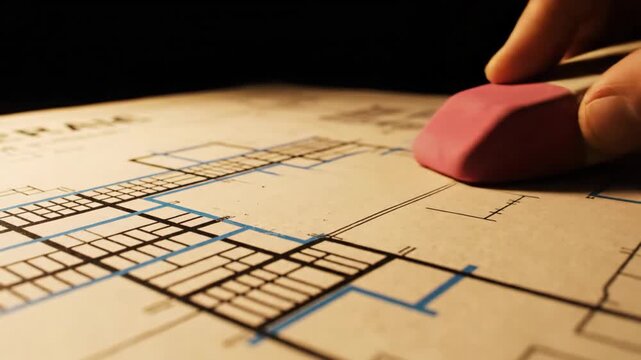 An architect's hand uses an eraser to correct a technical blueprint.