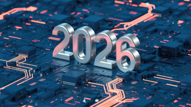 Metallic 2026 numbers displayed on a glowing blue microchip surface, symbolizing futuristic digital innovation and advancing technology. ai generative
