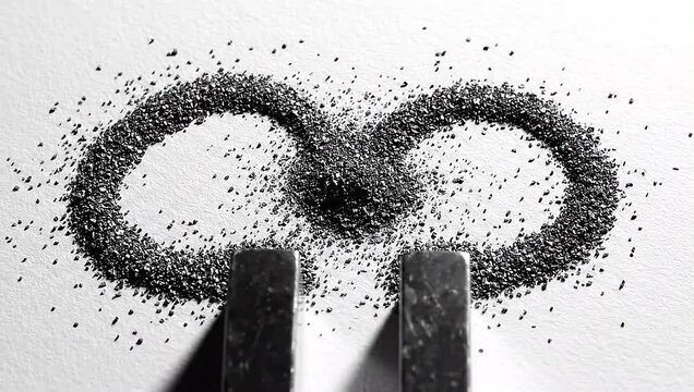 Eternal Connection: A conceptual representation of infinity, formed by iron filings attracted to magnets. The contrast of the dark filings against a pale background emphasizes the perpetual.