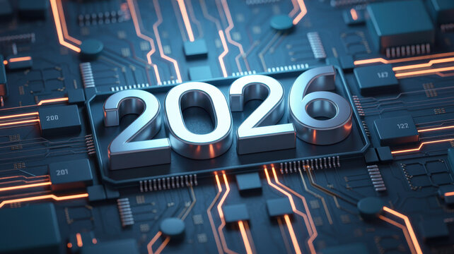 Metallic 2026 numbers displayed on a glowing blue microchip surface, symbolizing futuristic digital innovation and advancing technology. ai generative
