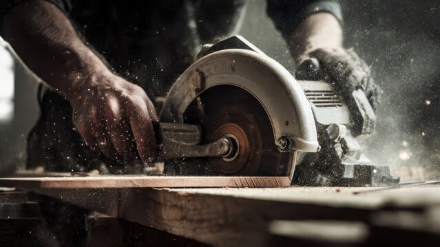 A carpenter cutting wood with a circular saw in a workshop with sawdust flying around the blade area