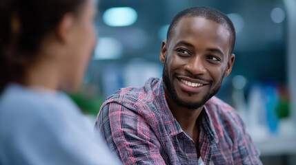 Obraz premium Faceless happy black man therapist in consultation meeting defocused hospital background healthcare discussion mental health therapy African male person physiology counseling