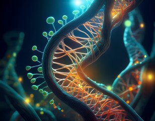 plant root system with roots forming dna helix patterns and glowing nodules containing engineered microbiome communities for enhanced nutrient uptake