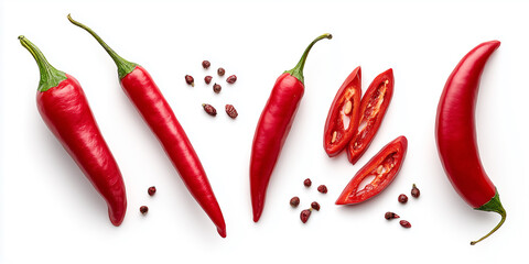 Bright red chili peppers arranged artfully with seeds on a white background for culinary presentation
