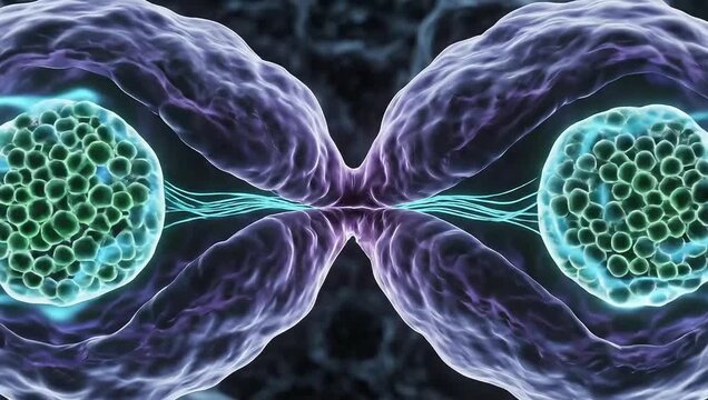 Abstract Cellular Division: An intricate artistic rendition showcases a moment of cellular division, with two distinct cell structures merging and replicating.
