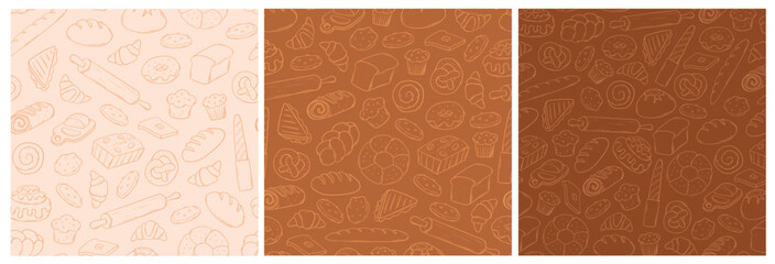 Bakery doodles seamless patterns collection for wallpapers, wrapping papers, textile prints, backgrounds, banners, product packsging, etc. EPS 10