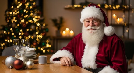 Santa Claus, wearing his traditional red and white suit, is sitting at a wooden dining table, smiling directly at the camera.