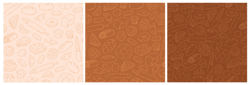 Bakery doodles seamless patterns collection for wallpapers, wrapping papers, textile prints, backgrounds, banners, product packsging, etc. EPS 10