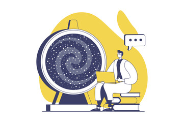 Obraz premium Science laboratory web concept with flat people for website design. Man making scientific physics research, work with quantum energy in large machinery, doing discovery in lab. Vector illustration.