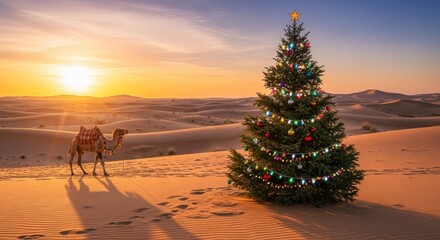 This surreal scene blends the traditional imagery of a winter holiday with the warmth and dryness of an exotic, arid location.