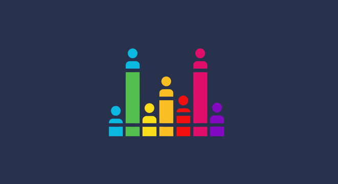Colorful People Bar Graph Illustration on Dark Blue Background.