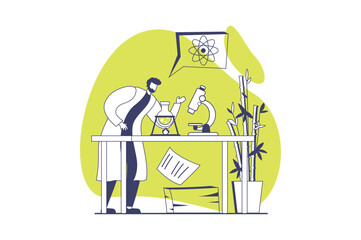 Science laboratory web concept with flat people for website design. Man making scientific research in lab, doing chemical reaction and tests in beaker flask and using microscope. Vector illustration.