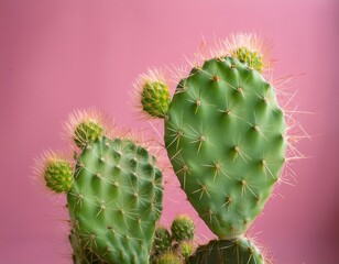 green prickly pear cactus against pink background