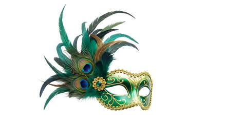Ornate venetian masquerade mask adorned with peacock feathers and gold embellishments on black background